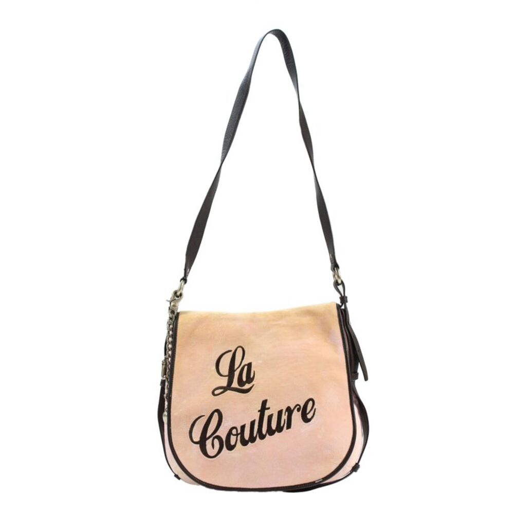 Juicy Couture Womens Velour Flap Crossbody Shoulder Handbag Pink Brown